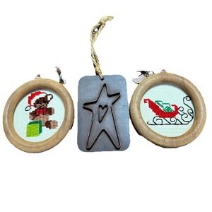 Lot Three Vintage Ornaments‎ 2 Counted Cross Stitch Christmas Ornaments & Metal